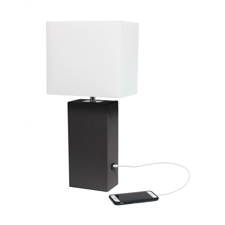 Elegant Designs Modern Leather Table Lamp with USB and White Fabric Shade, Brown LT1053-BWN